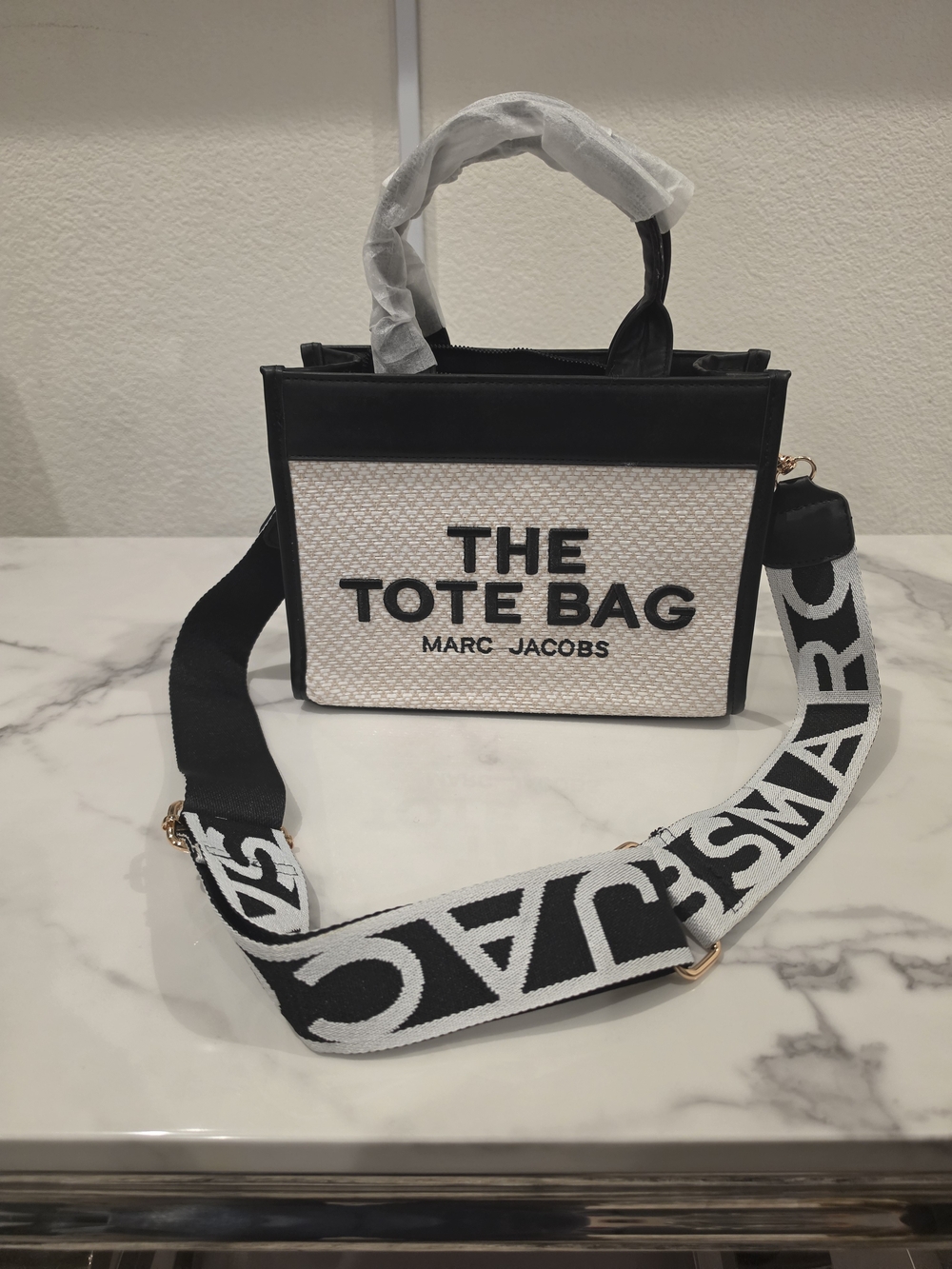 Woven Straw Small Tote Bag – Black Trim & Webbing Strap